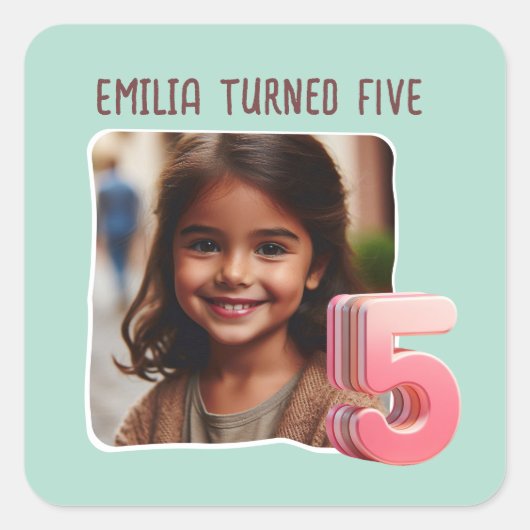 カスタム写真5th誕生日パーティー スクエアシール (正面)