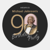 カスタム写真90誕生日ブラック金ゴールドエレガント ラウンドシール (正面)