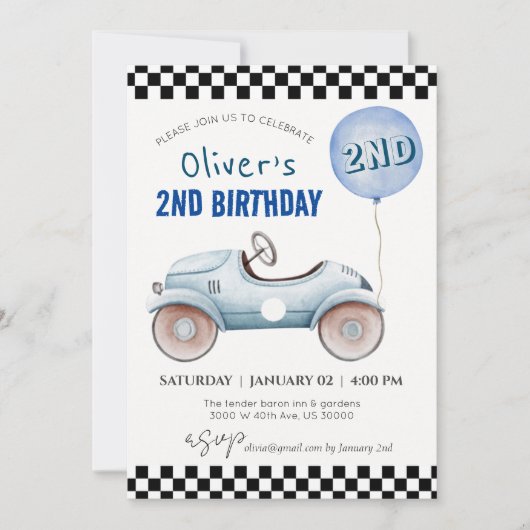 カスタム写真、すべての年齢、車のテーマ男の子の誕生日 招待状 (正面)