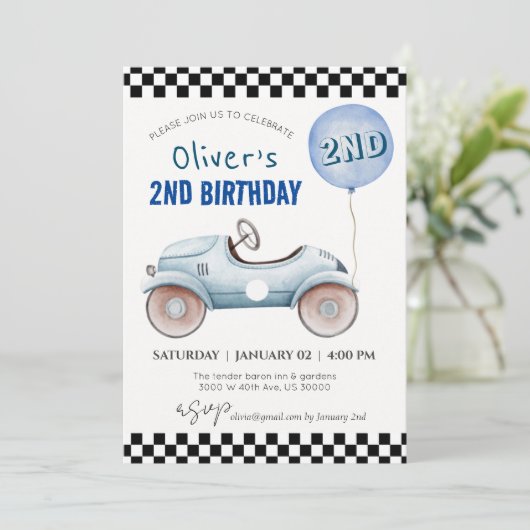 カスタム写真、すべての年齢、車のテーマ男の子の誕生日 招待状 (スタンド正面)