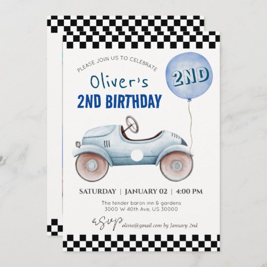 カスタム写真、すべての年齢、車のテーマ男の子の誕生日 招待状 (正面/裏面)