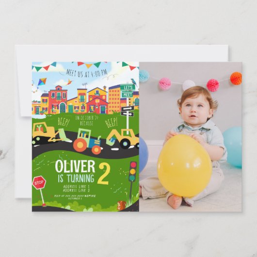 カスタム写真、グリーントラクター誕生日 招待状 (正面)
