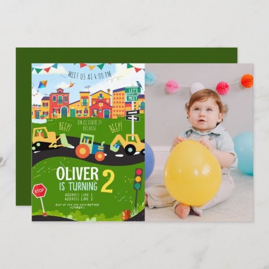 カスタム写真、グリーントラクター誕生日 招待状 (正面/裏面)