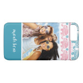 カスタム写真&ネームピンク&ティール（緑がかった色）エレファントパターン Case-Mate iPhoneケース (裏面(横))