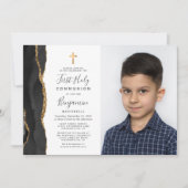 カスタム写真 ブラックアゲート ゴールド ファースト コミュニオン 招待状 (正面)