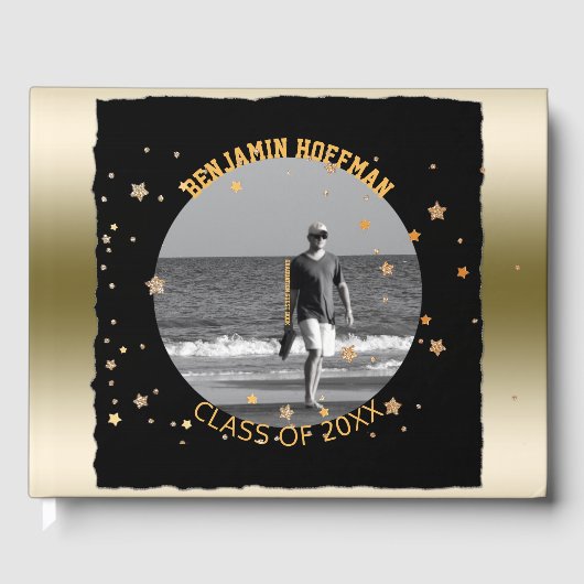 カスタム写真 | ブラック金ゴールドスターズ卒業パーティー ゲストブック (正面)