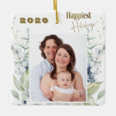 カスタム写真、任意の年、最も幸せな休日の緑 セラミックオーナメント (正面)