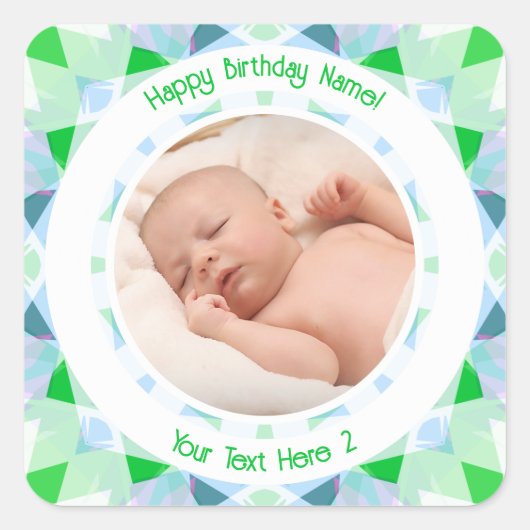カスタム写真 名前 年齢 青 緑 誕生日 星 スクエアシール (正面)
