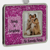 カスタム写真、名前、引用文ピンクグリッター シルバープレートフレームオーナメント (右)