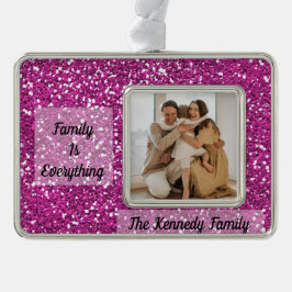カスタム写真、名前、引用文ピンクグリッター シルバープレートフレームオーナメント