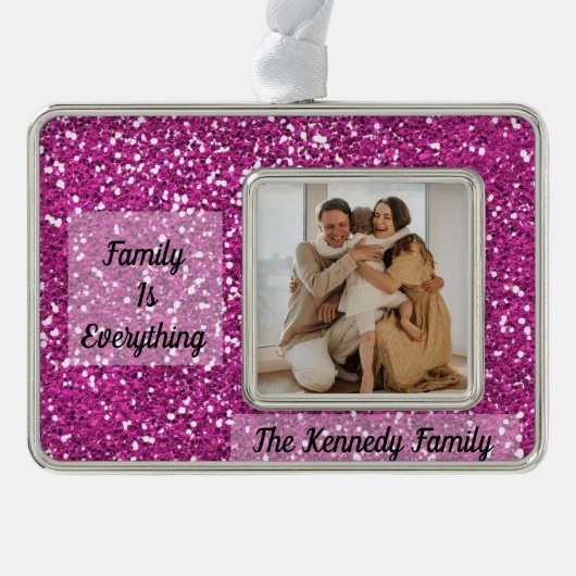 カスタム写真、名前、引用文ピンクグリッター シルバープレートフレームオーナメント (正面)