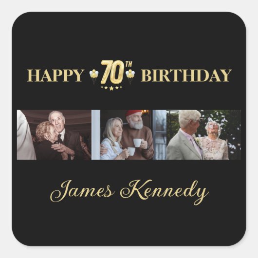 カスタム写真 黒とゴールドの70歳の誕生日パーティー スクエアシール (正面)