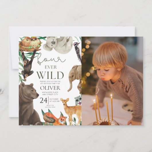 カスタム写真、4回の野生のサファリ4歳の誕生日 招待状 (正面)