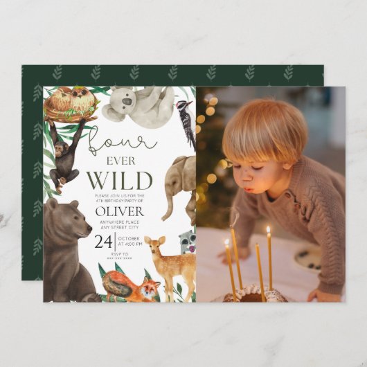 カスタム写真、4回の野生のサファリ4歳の誕生日 招待状 (正面/裏面)