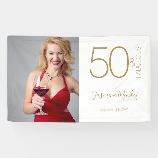 カスタム写真 50歳の誕生日 ゴールド ホワイト 50歳 おしゃれ 横断幕 (横)