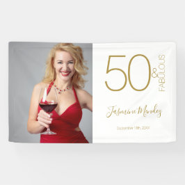 カスタム写真 50歳の誕生日 ゴールド ホワイト 50歳& ファビュラス 横断幕