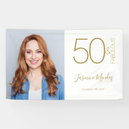 カスタム写真 50歳の誕生日 ゴールド ホワイト 50& ファビュラス 横断幕