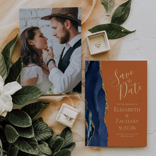 カスタム写真Agateブルー金ゴールド錆の保存日付 招待状