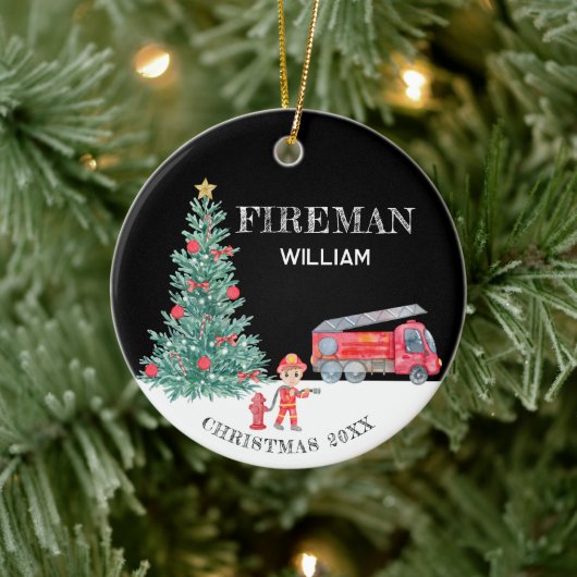 カスタム写真Keepsake Fireman Christmas Treeトラック セラミックオーナメント (ツリー)