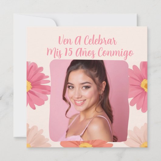 カスタム写真Mis Quince Flores Quinceanera Rosa 招待状 (正面)
