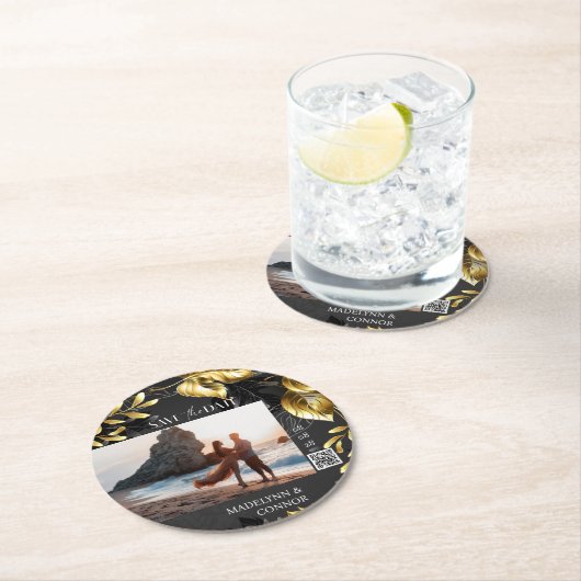 カスタム写真QRコードグレーゴールデン日付を保存 ラウンドペーパーコースター (インサイチュ)