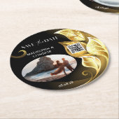 カスタム写真QRコードゴールデンリーフ日付の保存 ラウンドペーパーコースター (アングル)