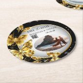 カスタム写真QRコードバタフライ日付の保存 ラウンドペーパーコースター (アングル)