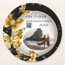 カスタム写真QRコードバタフライ日付の保存 ラウンドペーパーコースター