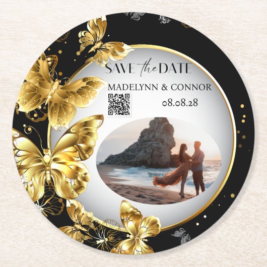 カスタム写真QRコードバタフライ日付の保存 ラウンドペーパーコースター (正面)