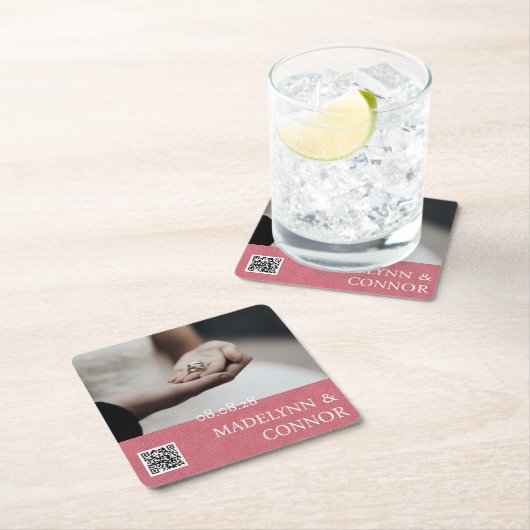 カスタム写真QRコードピンクレザー日付を保存 スクエアペーパーコースター (インサイチュ)