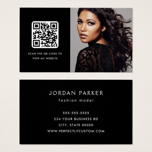 カスタム写真QRコード黒の名刺 (正面&裏面)