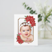 カスタム写真Red Poinsettiaホワイトクリスマス シーズンポストカード (スタンド正面)