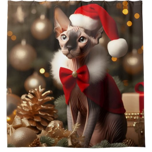 カスタム写真Sphynx猫クリスマスバスルーム シャワーカーテン (正面)