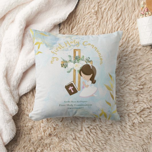 カスタム初の聖なる聖餐式かわいい茶色の髪の少女 クッション (ブランケット)