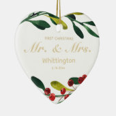 カスタム初めてのクリスマス結婚ズ結婚金ゴールドグリーン セラミックオーナメント (右)