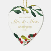 カスタム初めてのクリスマス結婚ズ結婚金ゴールドグリーン セラミックオーナメント (左)