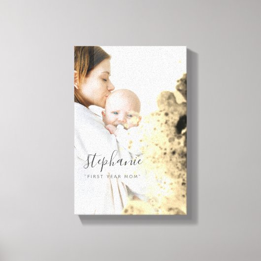 カスタム初年度の母の写真金ゴールドきらめく キャンバスプリント (正面)