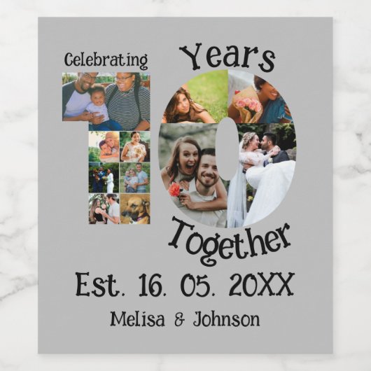 カスタム創立10周年記念11写真結婚コラージュ ワインラベル (シングルラベル)