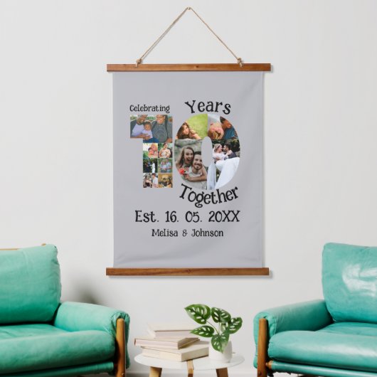 カスタム創立10周年記念11写真結婚コラージュ 吊り下げ型タペストリー (リビング)