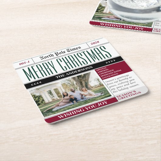 カスタム北極新聞クリスマス写真 スクエアペーパーコースター (アングル)