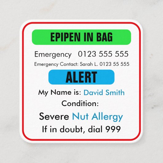 カスタム医療用アラート エピペン カード (正面)
