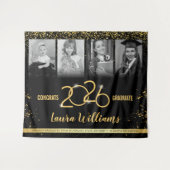 カスタム卒業バナー写真コラージュブラック金ゴールド タペストリー (正面(横))