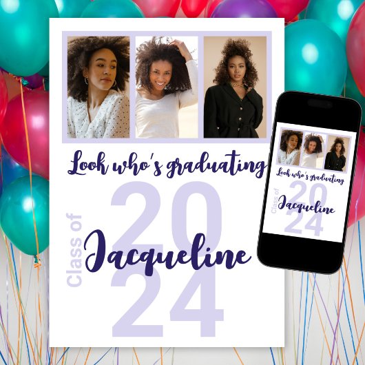 カスタム卒業パープルスクリプト写真コラージュ 招待状