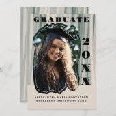 カスタム卒業ベージュの緑ストライプの 案内状 (正面/裏面)