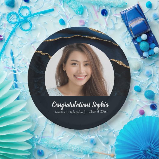 カスタム卒業写真マーブルアガテブルー ペーパープレート (パーティー)
