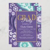 カスタム卒業式パーティーパープルティール（緑がかった色）金ゴールドペイズリー 招待状 (正面/裏面)