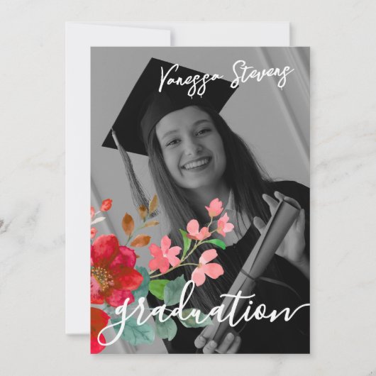 カスタム卒業式パーティー水彩花写真 招待状 (正面)