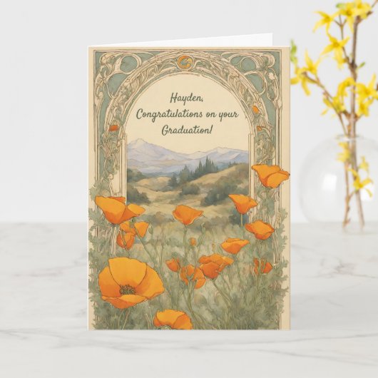 カスタム卒業式ヴィンテージフローラポピーアールヌーボー カード (黄色い花)