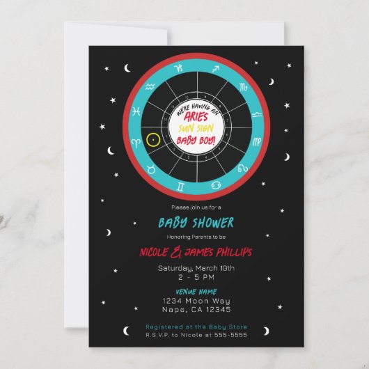 カスタム占星術〔占星術の〕十二宮図サンサインベビーシャワー 招待状 (正面)