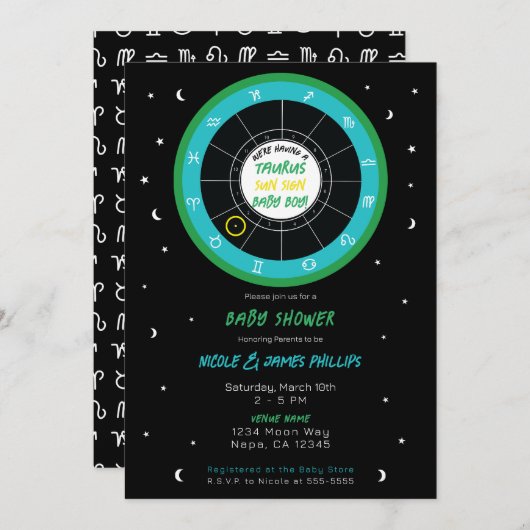 カスタム占星術〔占星術の〕十二宮図サンサインベビーシャワー 招待状 (正面/裏面)